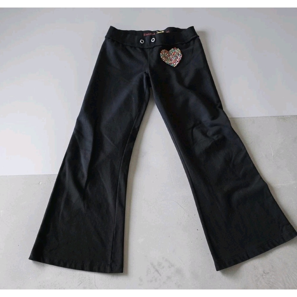 VTG Twisted Heart Women Low Rise Flare Sweatpants Y2K Rhinestone Bling Gothic